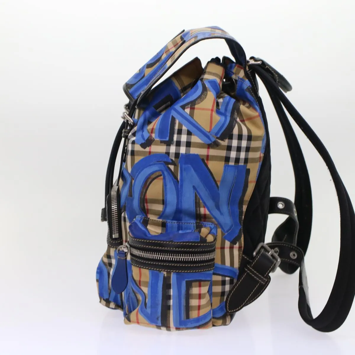 Trendy Inspired Burberry Nova Check Graffiti Backpack Canvas Leather Beige Blue Auth 49119a