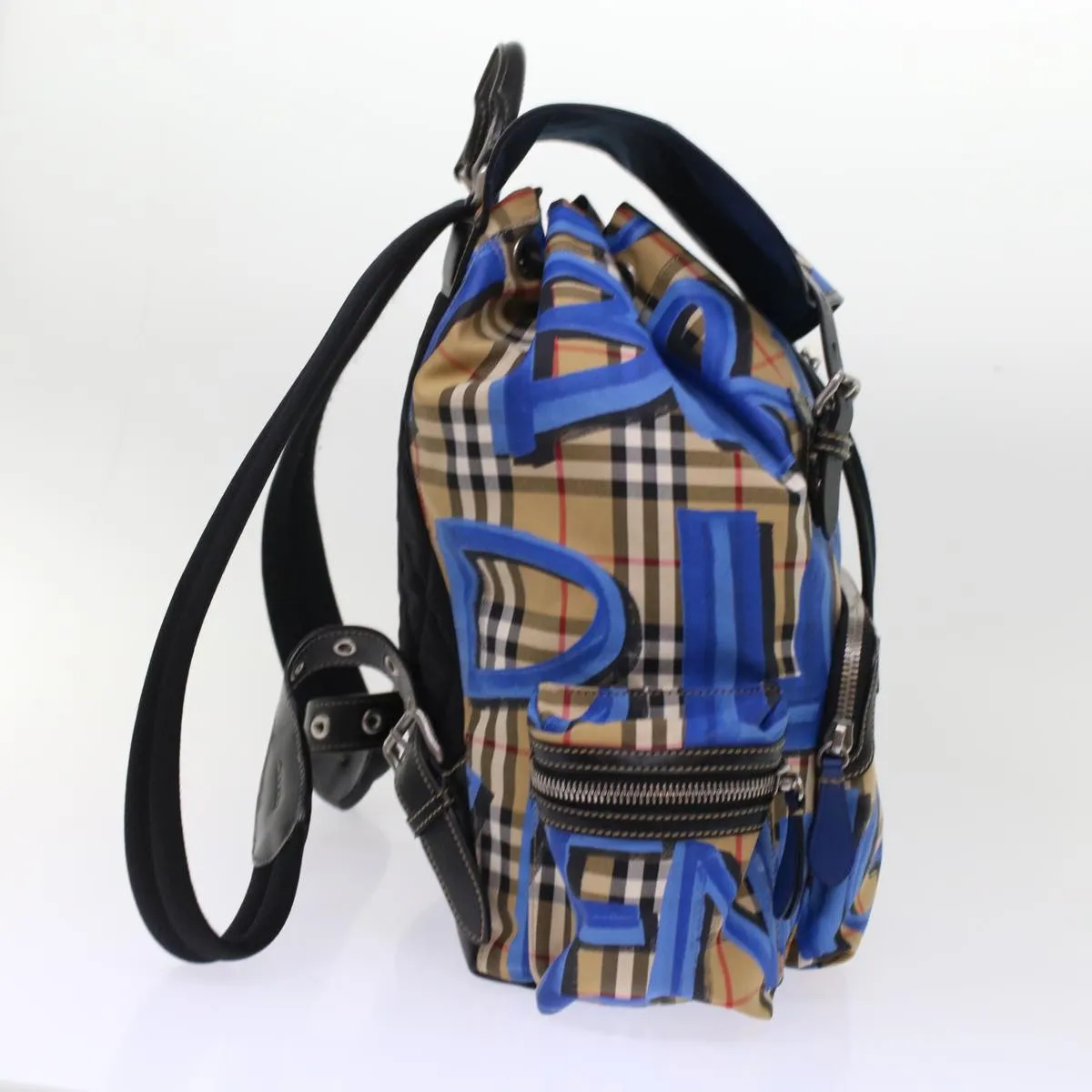 Trendy Inspired Burberry Nova Check Graffiti Backpack Canvas Leather Beige Blue Auth 49119a