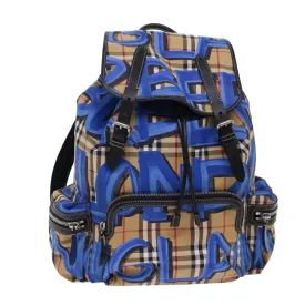 Trendy Inspired Burberry Nova Check Graffiti Backpack Canvas Leather Beige Blue Auth 49119a