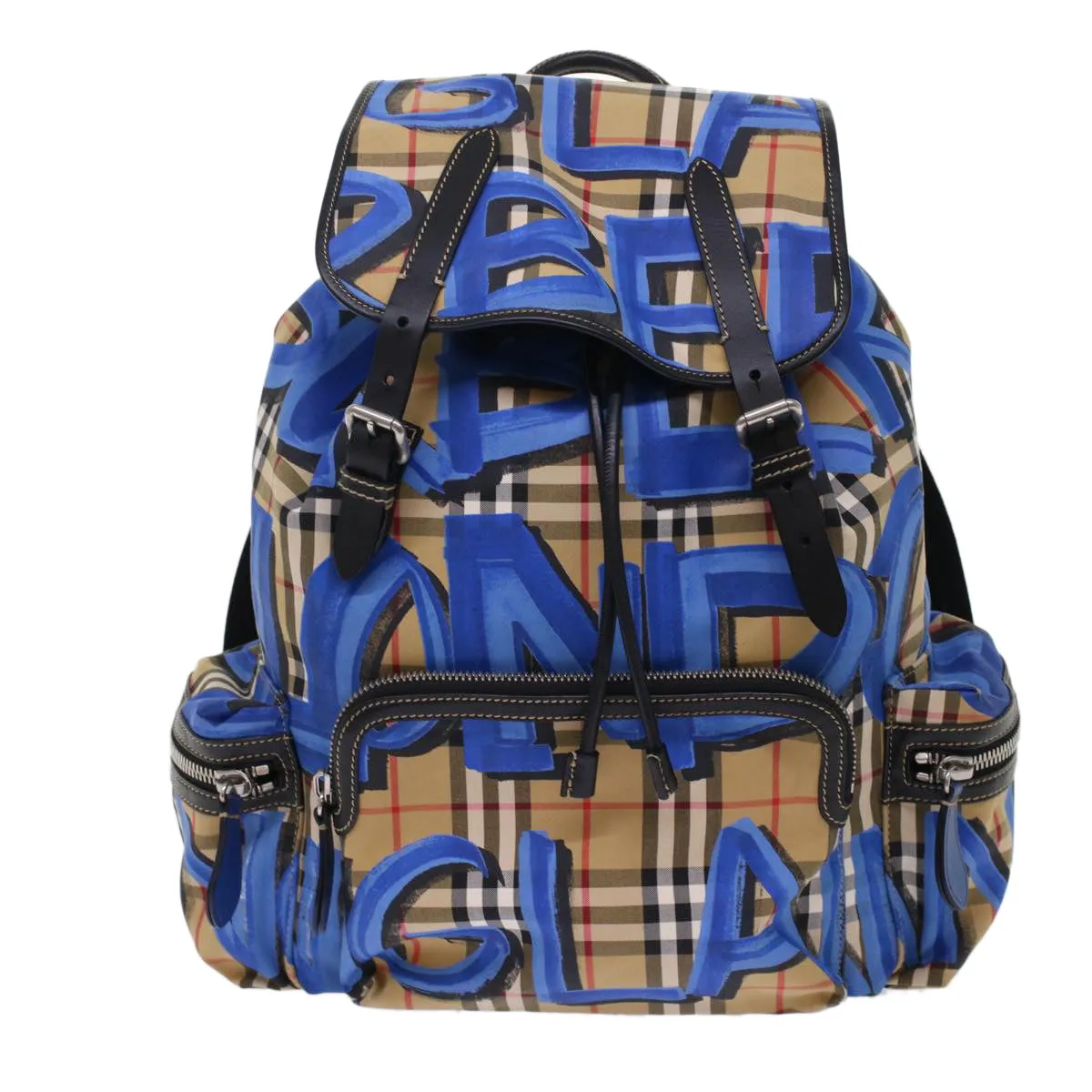 Trendy Inspired Burberry Nova Check Graffiti Backpack Canvas Leather Beige Blue Auth 49119a