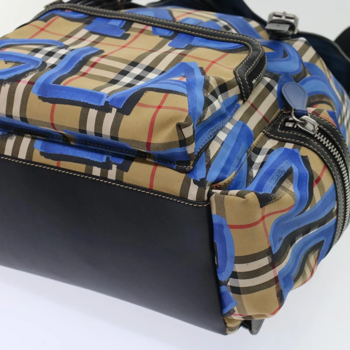 Trendy Inspired Burberry Nova Check Graffiti Backpack Canvas Leather Beige Blue Auth 49119a