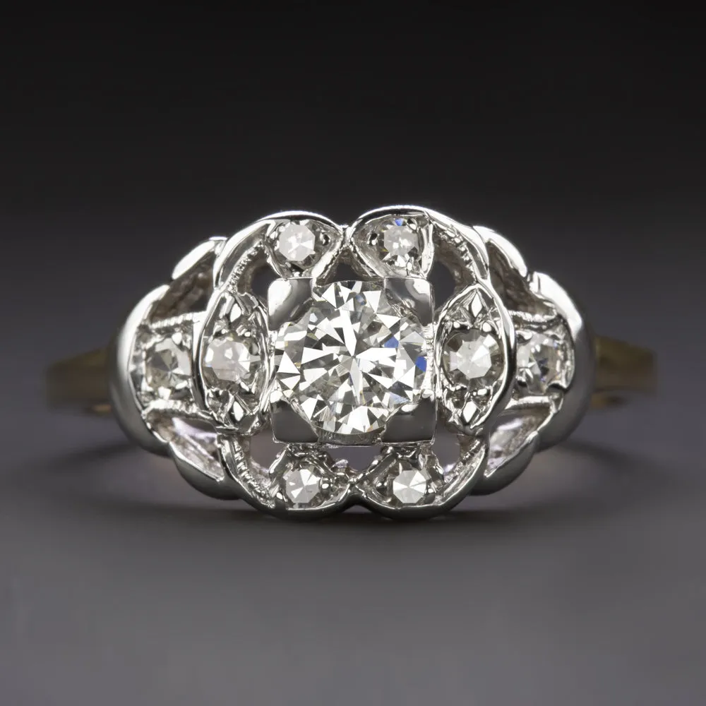 VINTAGE DIAMOND COCKTAIL RING OLD TRANSITIONAL CUT 14K TWO TONE GOLD ENGAGEMENT