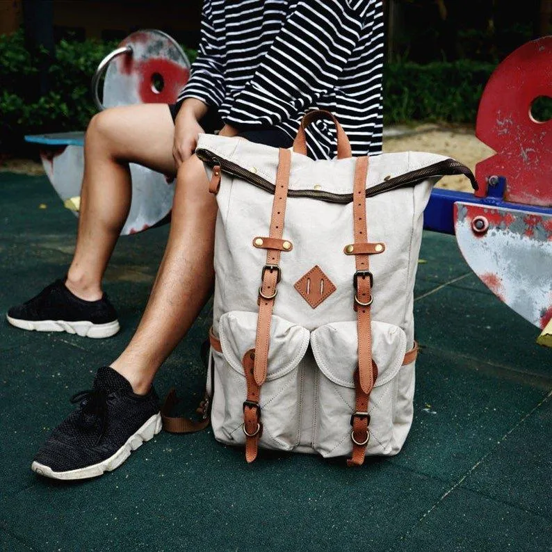 Vintage Mens Canvas Backpack Leather for Men