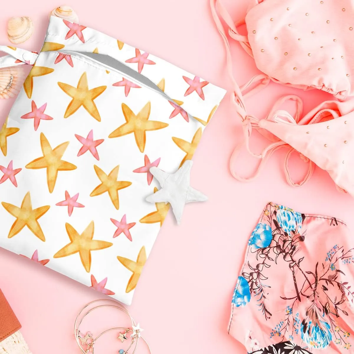 Wet Dry Bag, Wet Bag for Swimsuit, Travel, Beach, Pool, Diapers, Dirty Yoga Gym Clothes, Makeup Bag, Beach Wedding Supplies, Waterproof Reusable Shell Pearl Starfish Whale