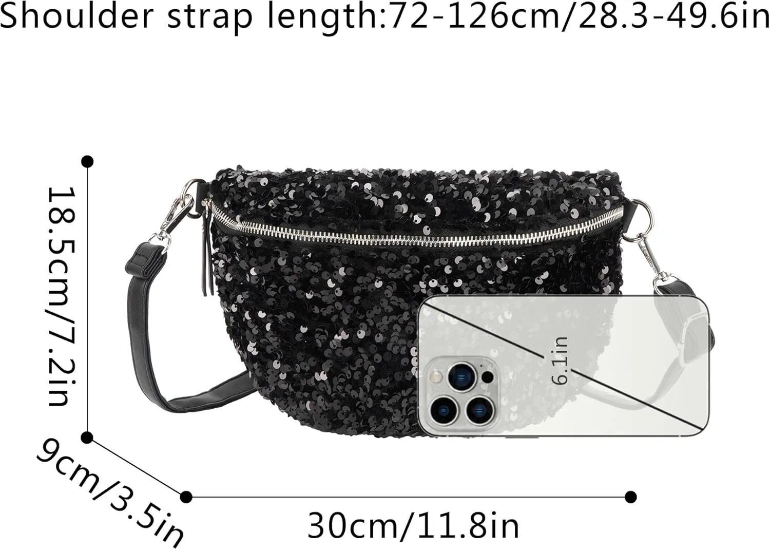 Women Large Glitter Sequins Velvet Fanny Pack Waist Bag Chest Bag Crossbody Shoulder Bag