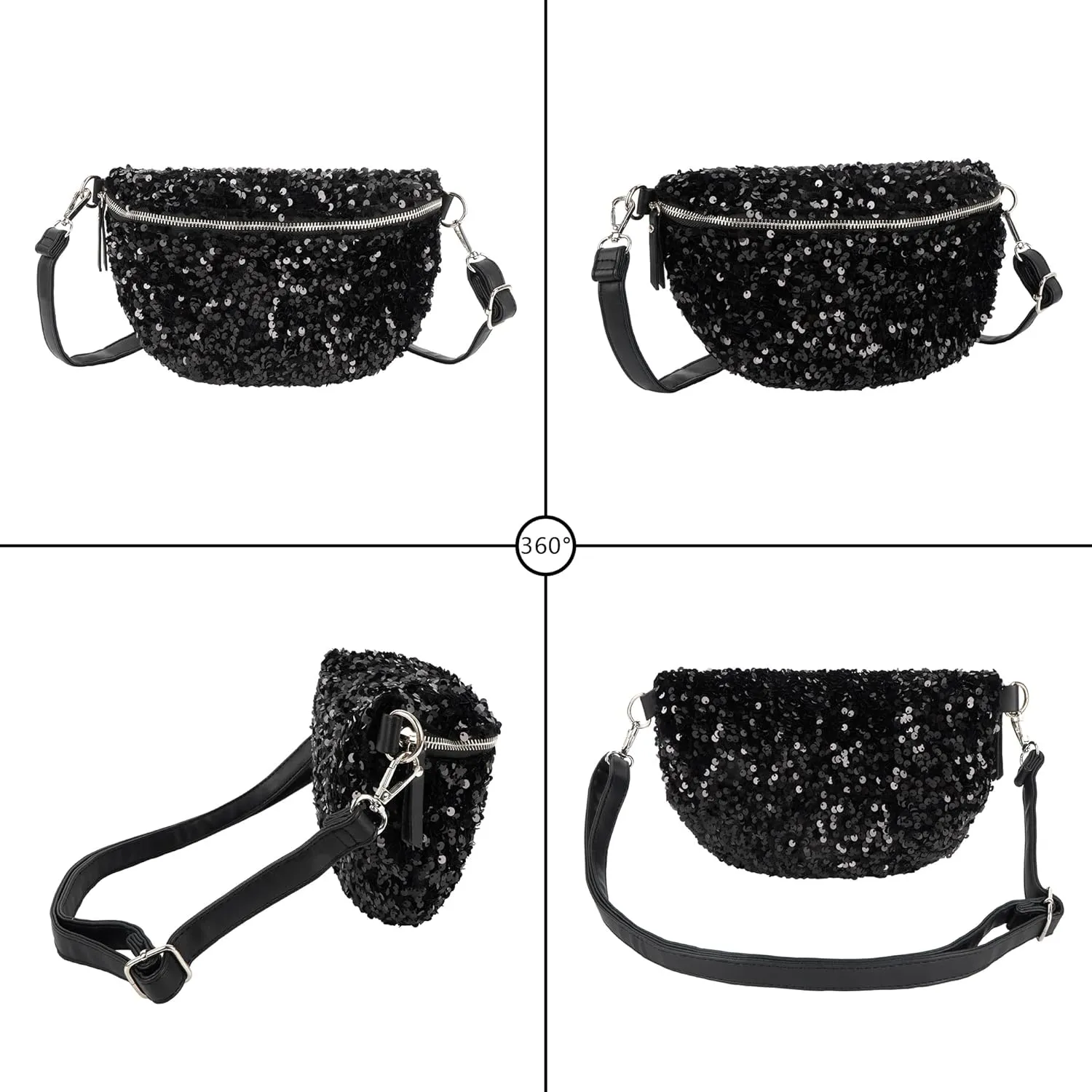 Women Large Glitter Sequins Velvet Fanny Pack Waist Bag Chest Bag Crossbody Shoulder Bag