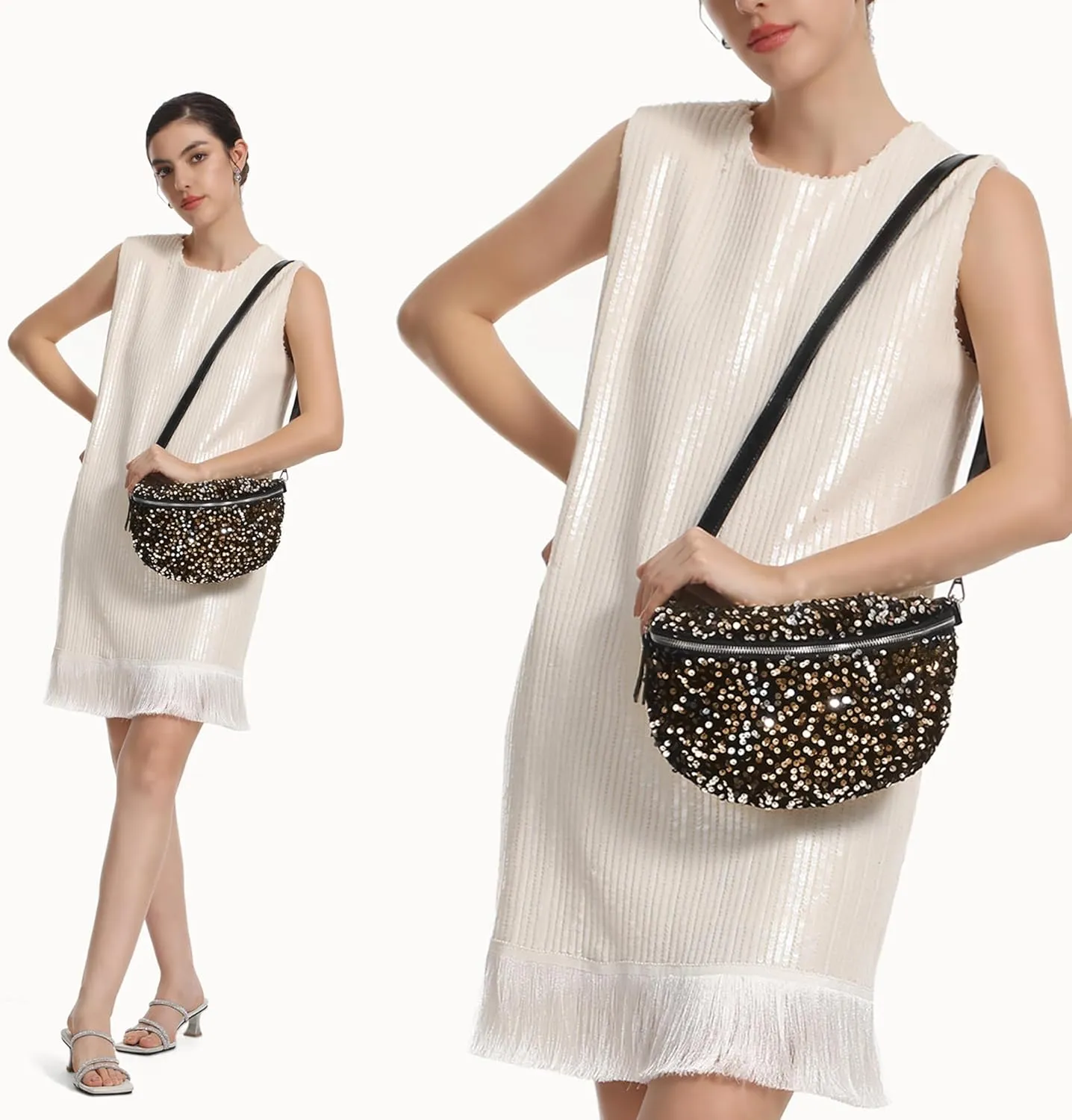 Women Large Glitter Sequins Velvet Fanny Pack Waist Bag Chest Bag Crossbody Shoulder Bag