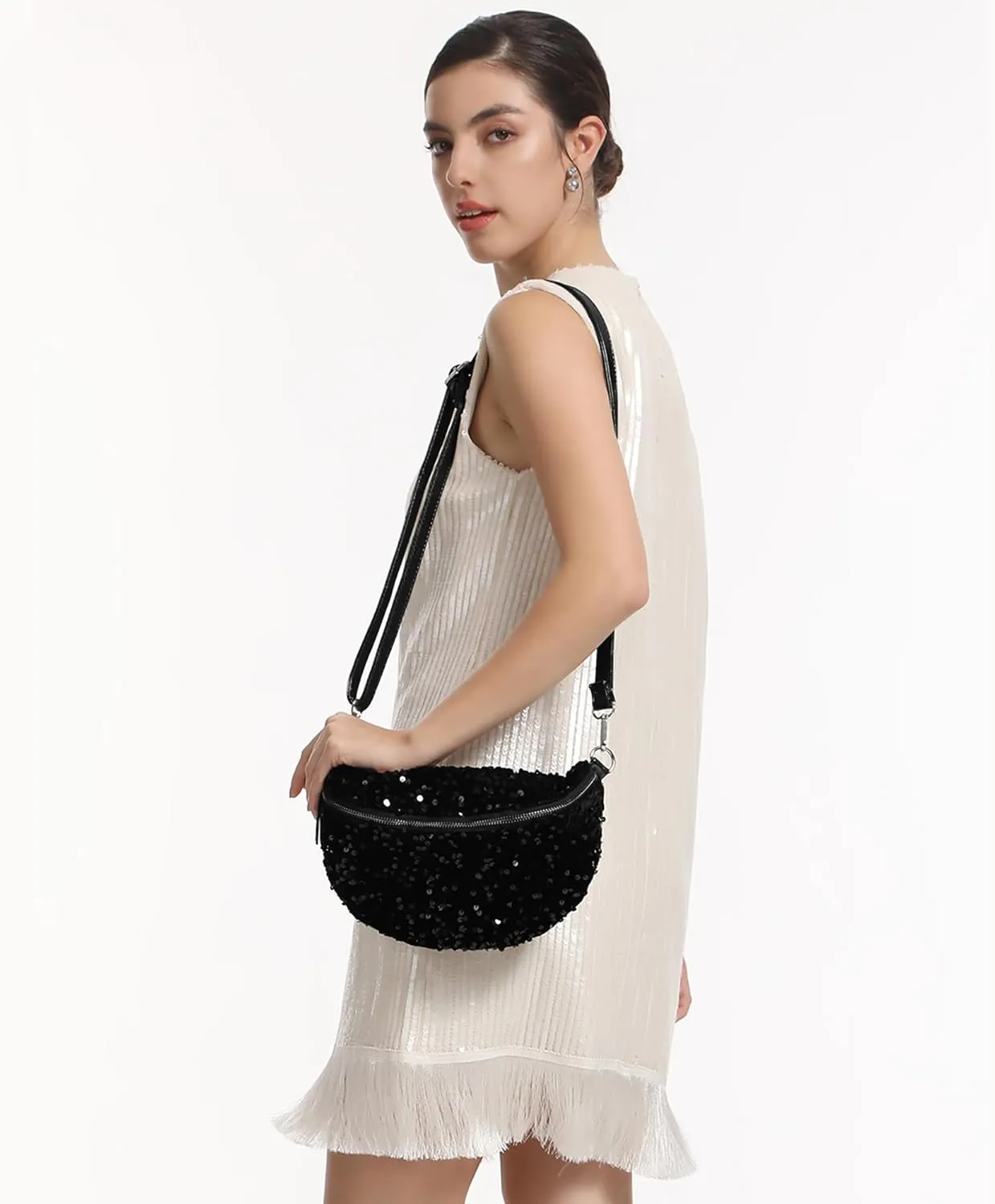 Women Large Glitter Sequins Velvet Fanny Pack Waist Bag Chest Bag Crossbody Shoulder Bag