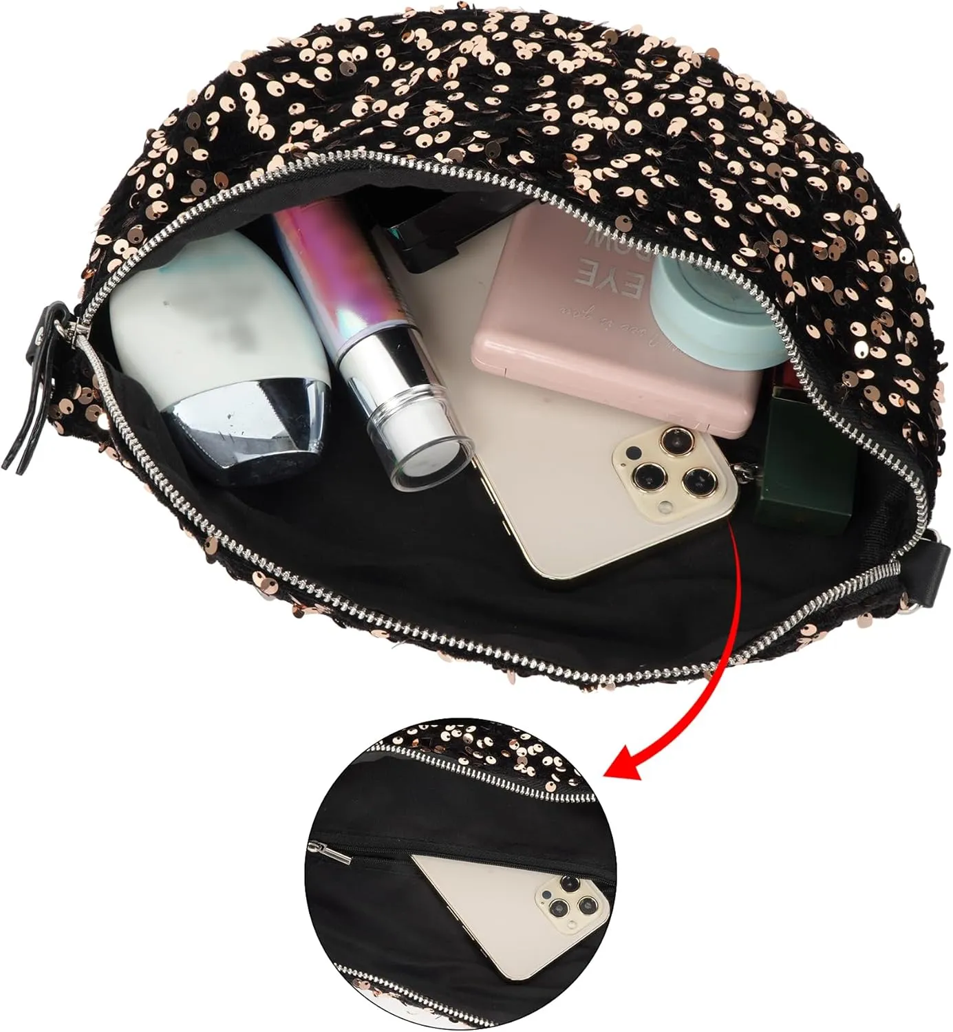 Women Large Glitter Sequins Velvet Fanny Pack Waist Bag Chest Bag Crossbody Shoulder Bag