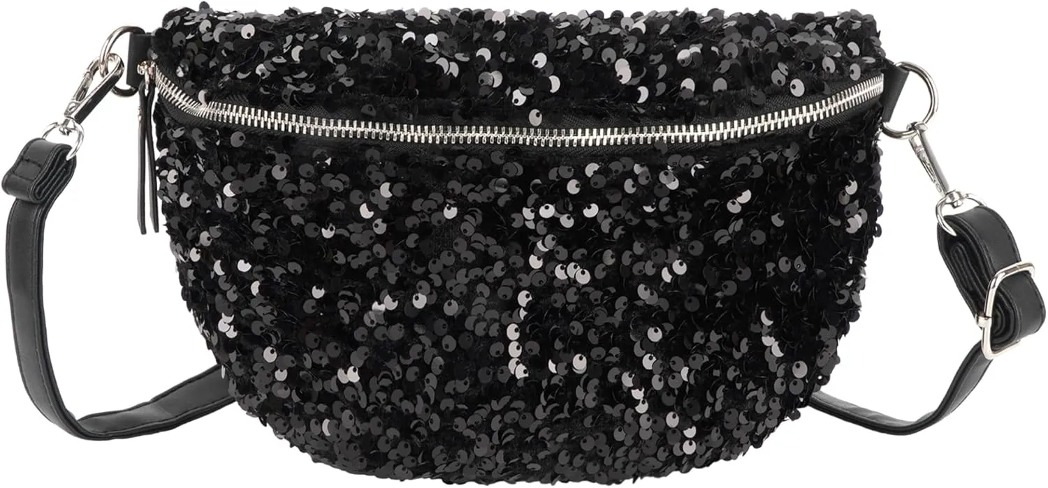 Women Large Glitter Sequins Velvet Fanny Pack Waist Bag Chest Bag Crossbody Shoulder Bag