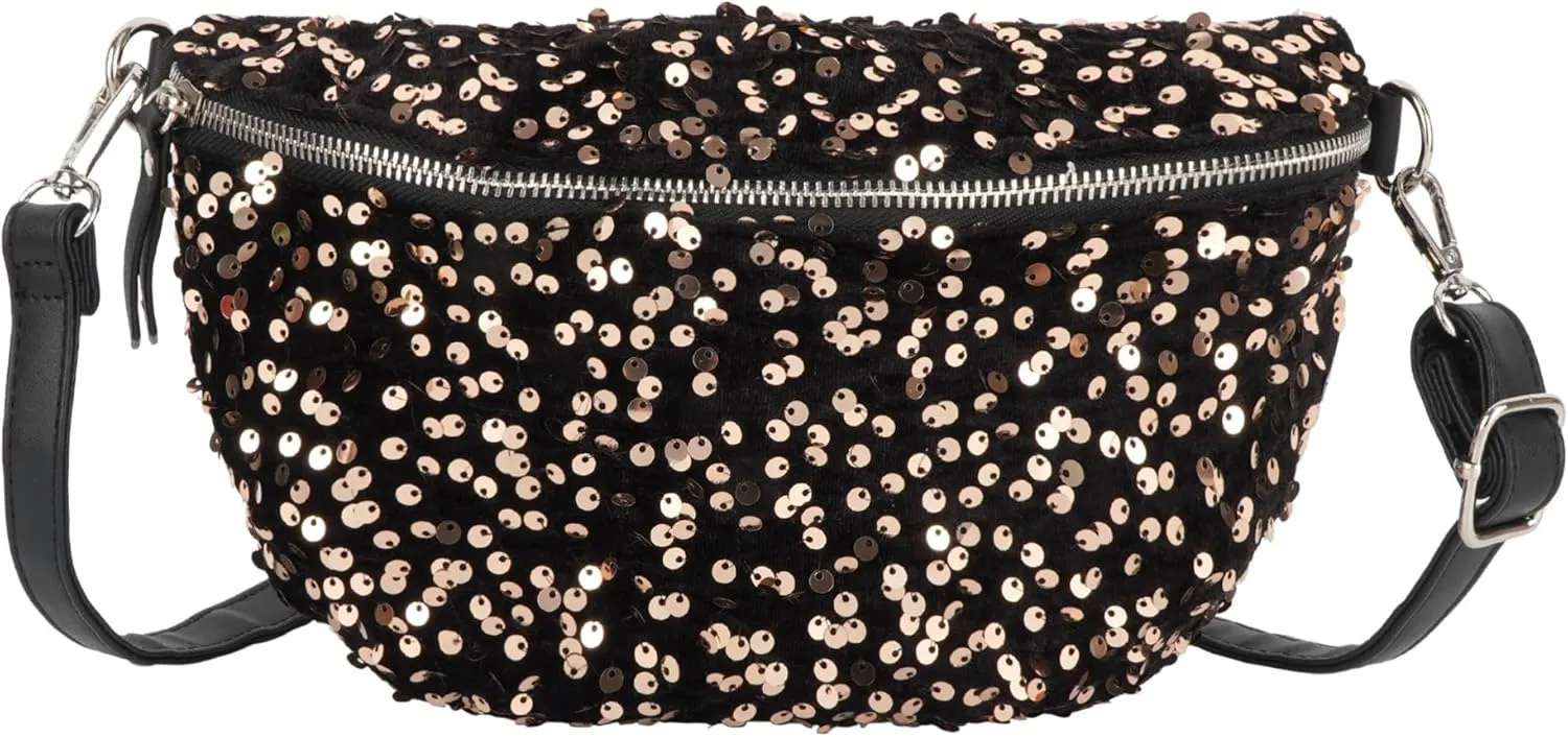 Women Large Glitter Sequins Velvet Fanny Pack Waist Bag Chest Bag Crossbody Shoulder Bag