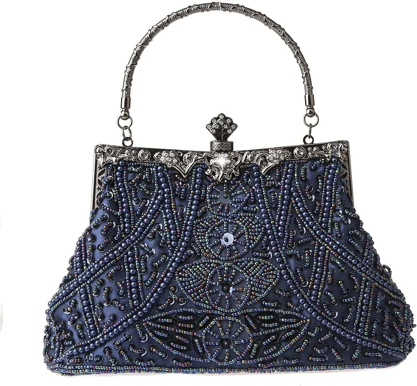 Womens Vintage Floral Beaded Rhinestone Embroidery Clutch Sequin Crossbody Bag Evening Handbag for Bridal Wedding Party Prom
