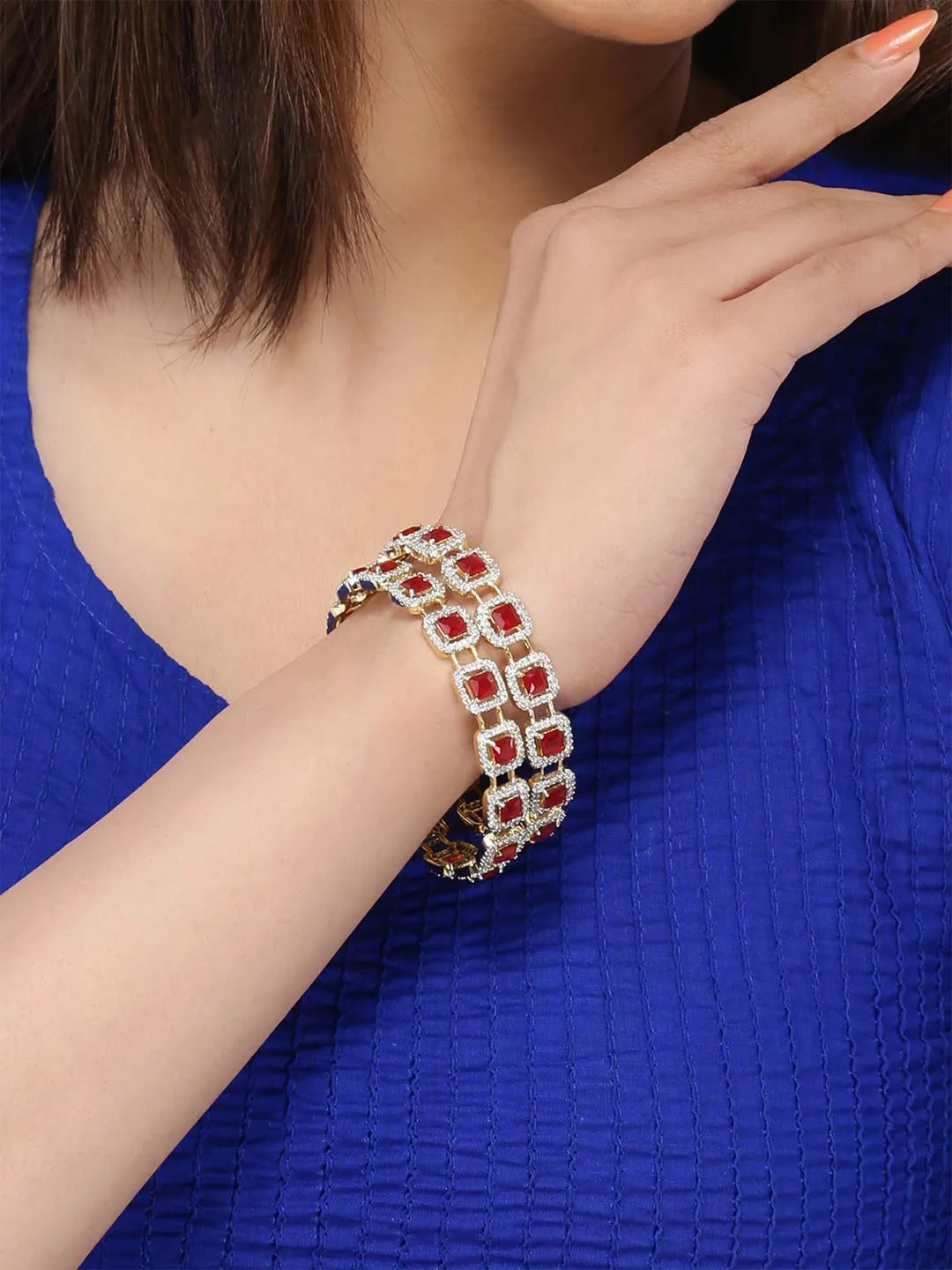 Yellow Chimes Elegant Set of 2 Pcs Pink AD/American Diamond Studded 18k Gold Plated Handcrafted Ruby Bangles for Women & Girls (2.4)
