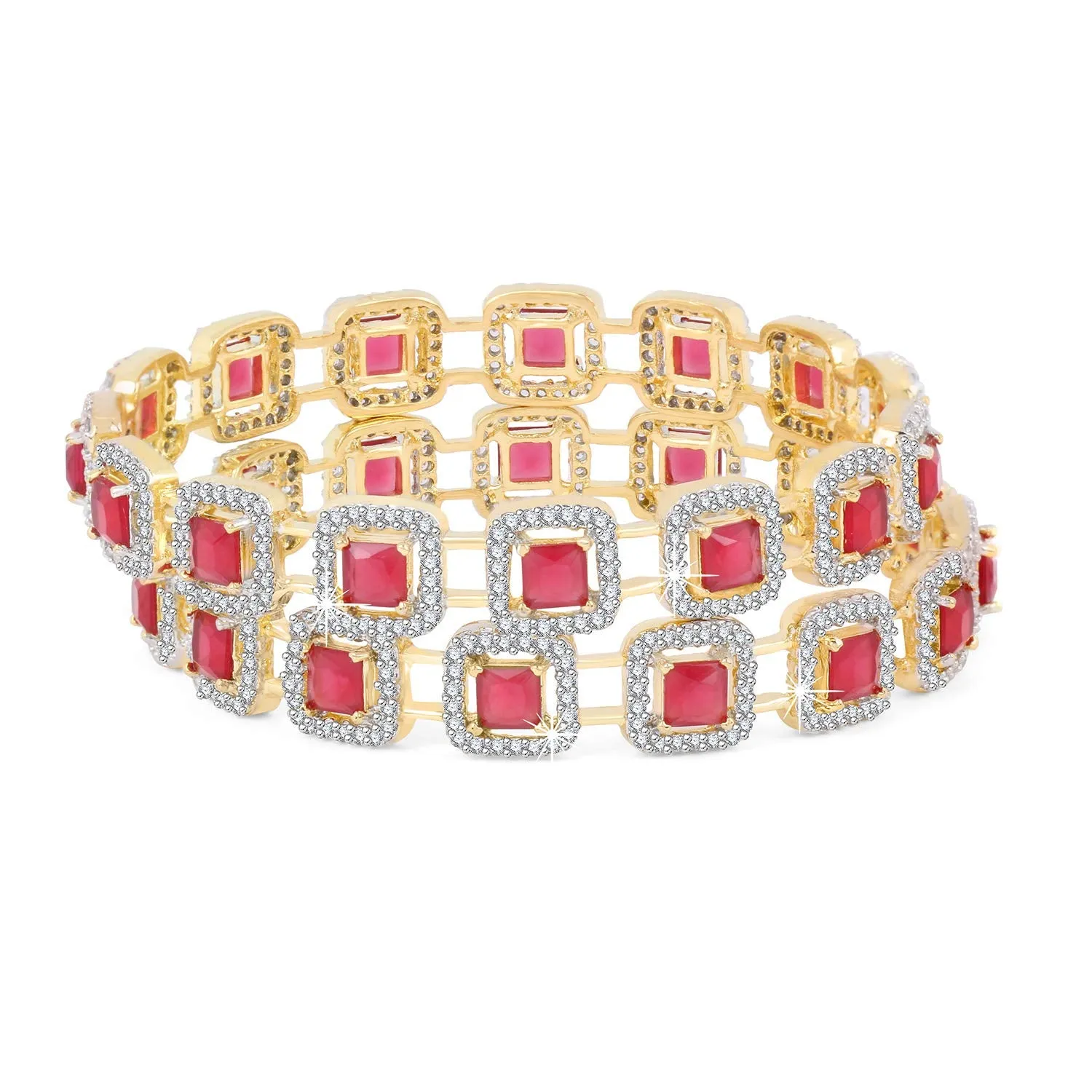 Yellow Chimes Elegant Set of 2 Pcs Pink AD/American Diamond Studded 18k Gold Plated Handcrafted Ruby Bangles for Women & Girls (2.4)
