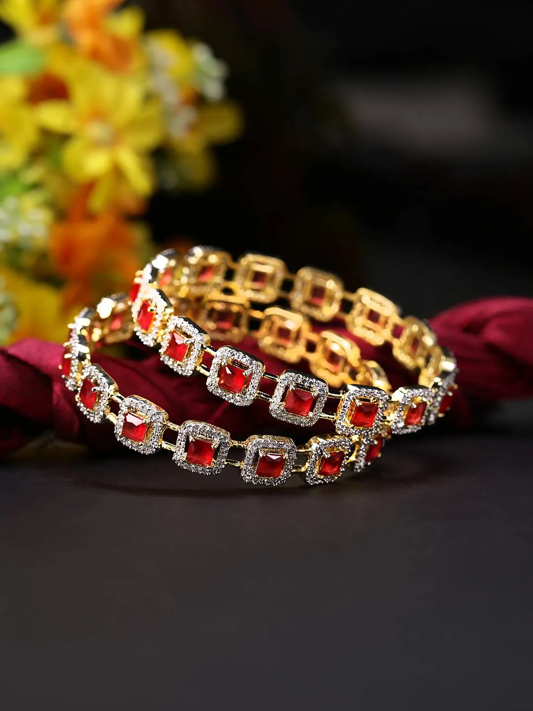 Yellow Chimes Elegant Set of 2 Pcs Pink AD/American Diamond Studded 18k Gold Plated Handcrafted Ruby Bangles for Women & Girls (2.4)