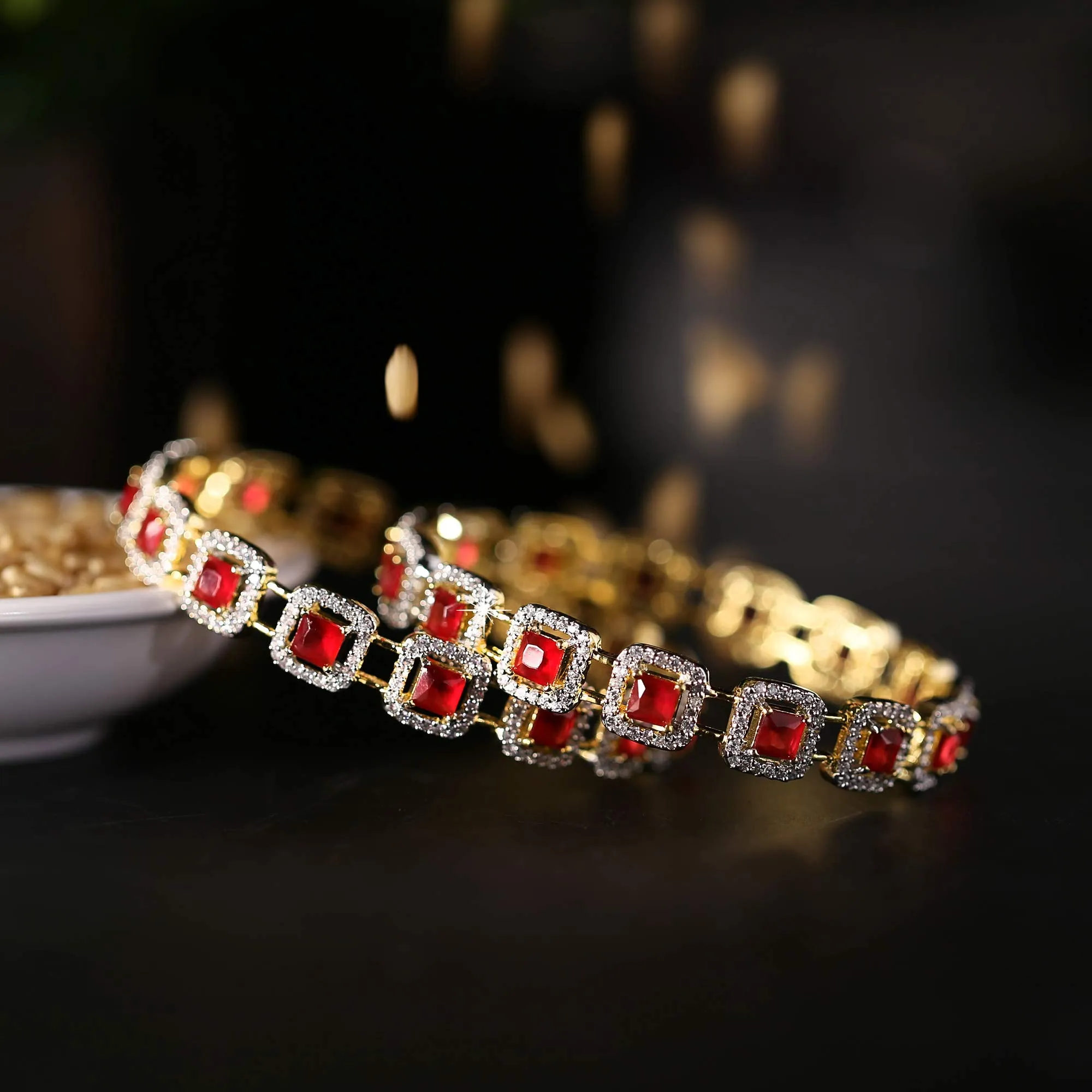 Yellow Chimes Elegant Set of 2 Pcs Pink AD/American Diamond Studded 18k Gold Plated Handcrafted Ruby Bangles for Women & Girls (2.4)
