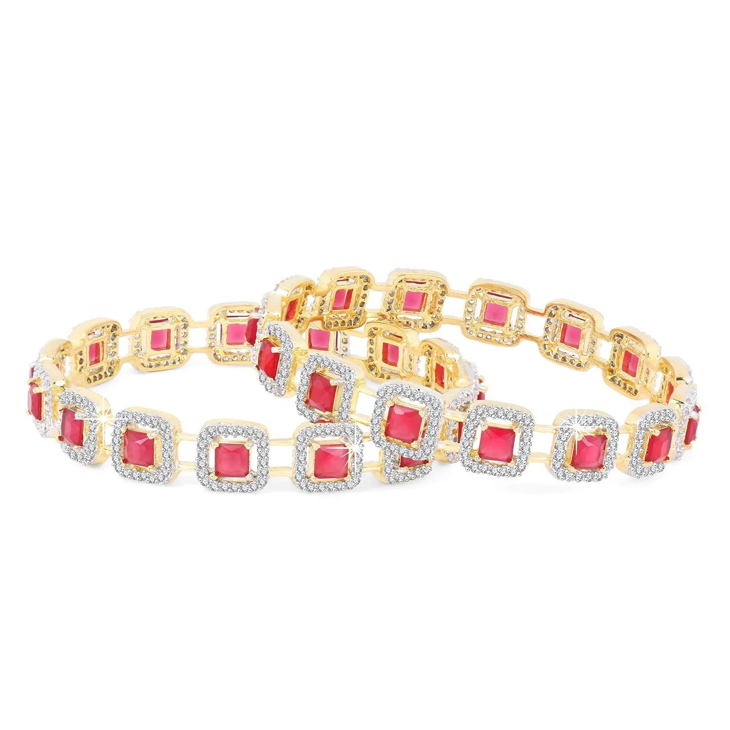 Yellow Chimes Elegant Set of 2 Pcs Pink AD/American Diamond Studded 18k Gold Plated Handcrafted Ruby Bangles for Women & Girls (2.4)